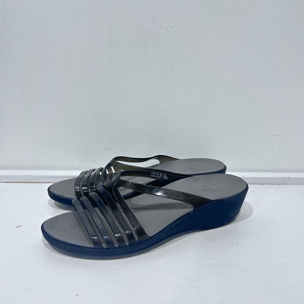 Crocs Isabella Mini Wedge Slide Sandals Black Smoke Jelly Strap Size 9 (Retired)